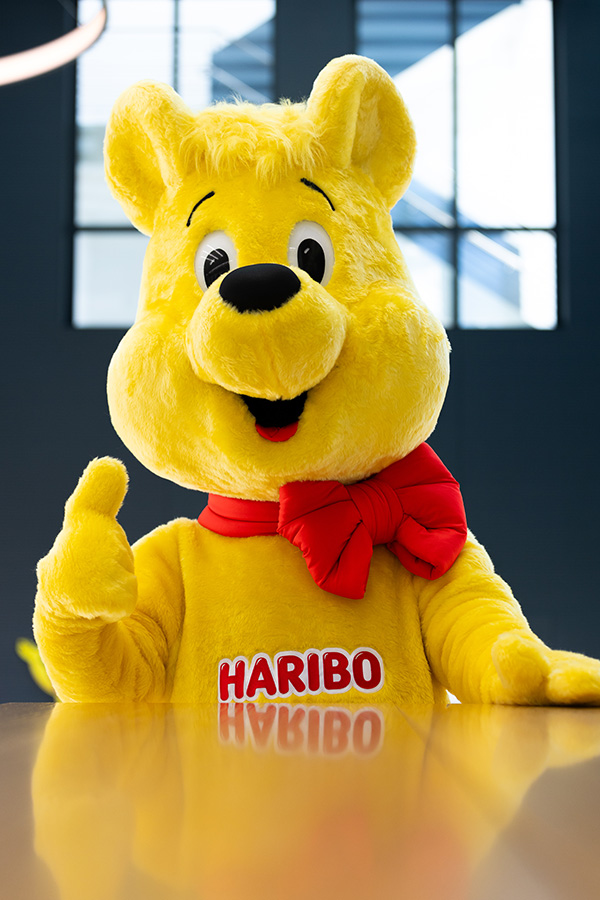 Der Goldbär mit erhobenem Daumen am Tisch