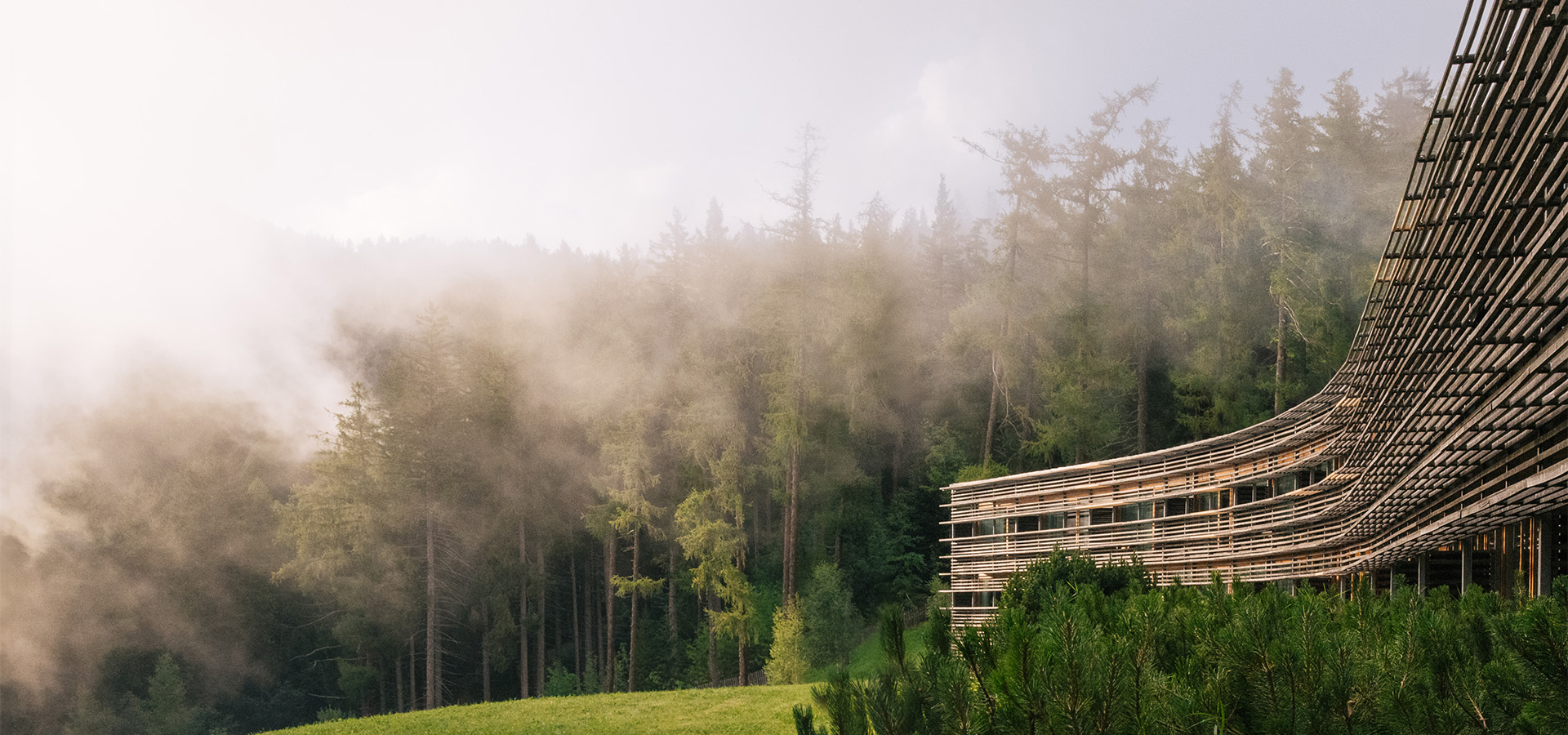 Das Resort mit seiner Holzfassade am Waldrand im Nebel